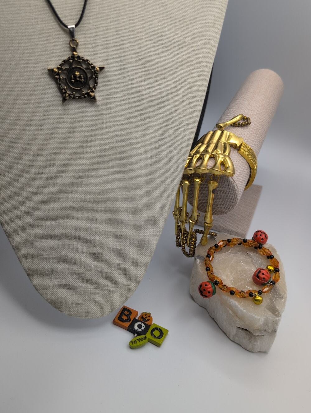 Set Of Halloween Jewelry: /Hand Bracelet 1 Gothic Necklace Pumpkin AS IS